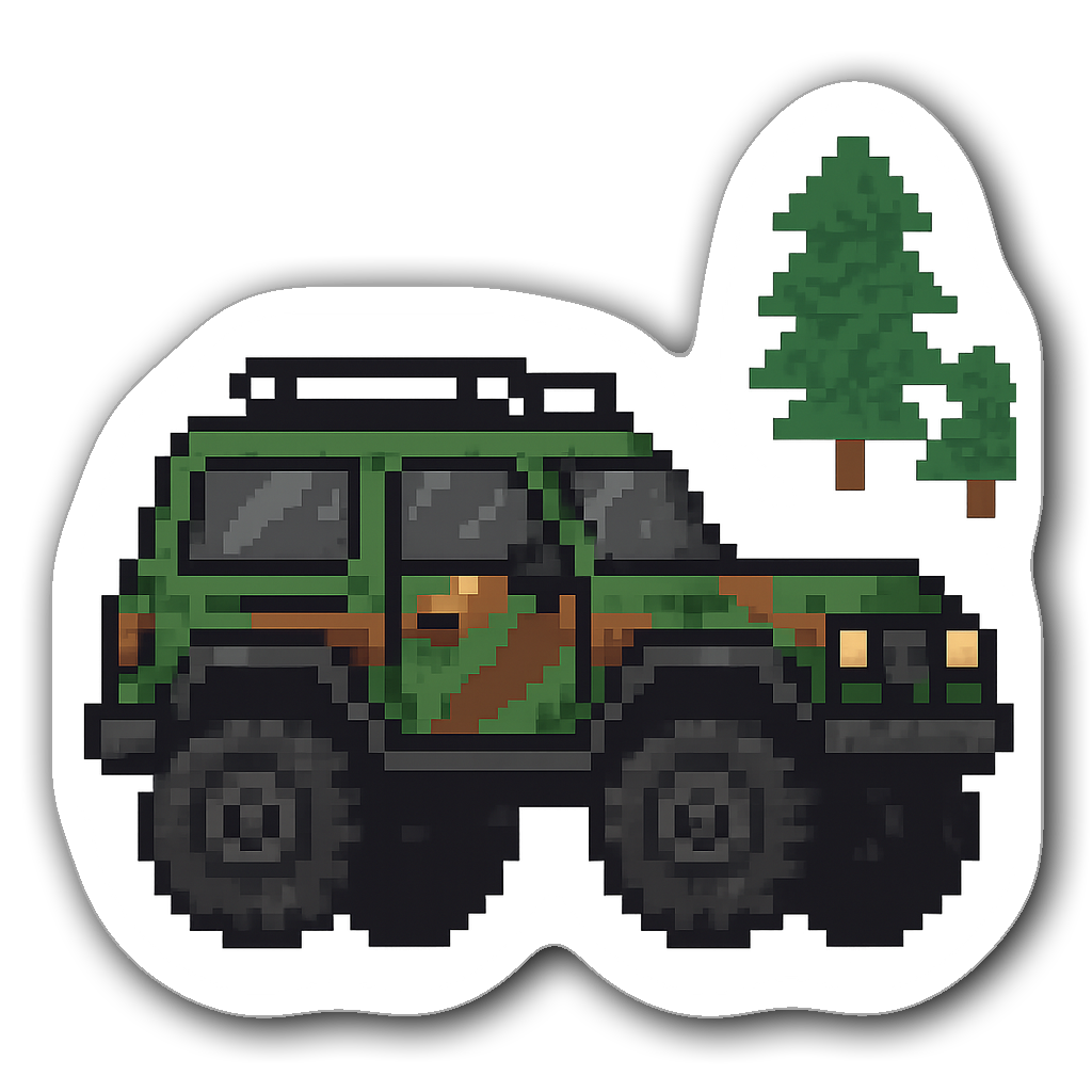 Pixel art off-road vehicle sticker with green and brown patterns