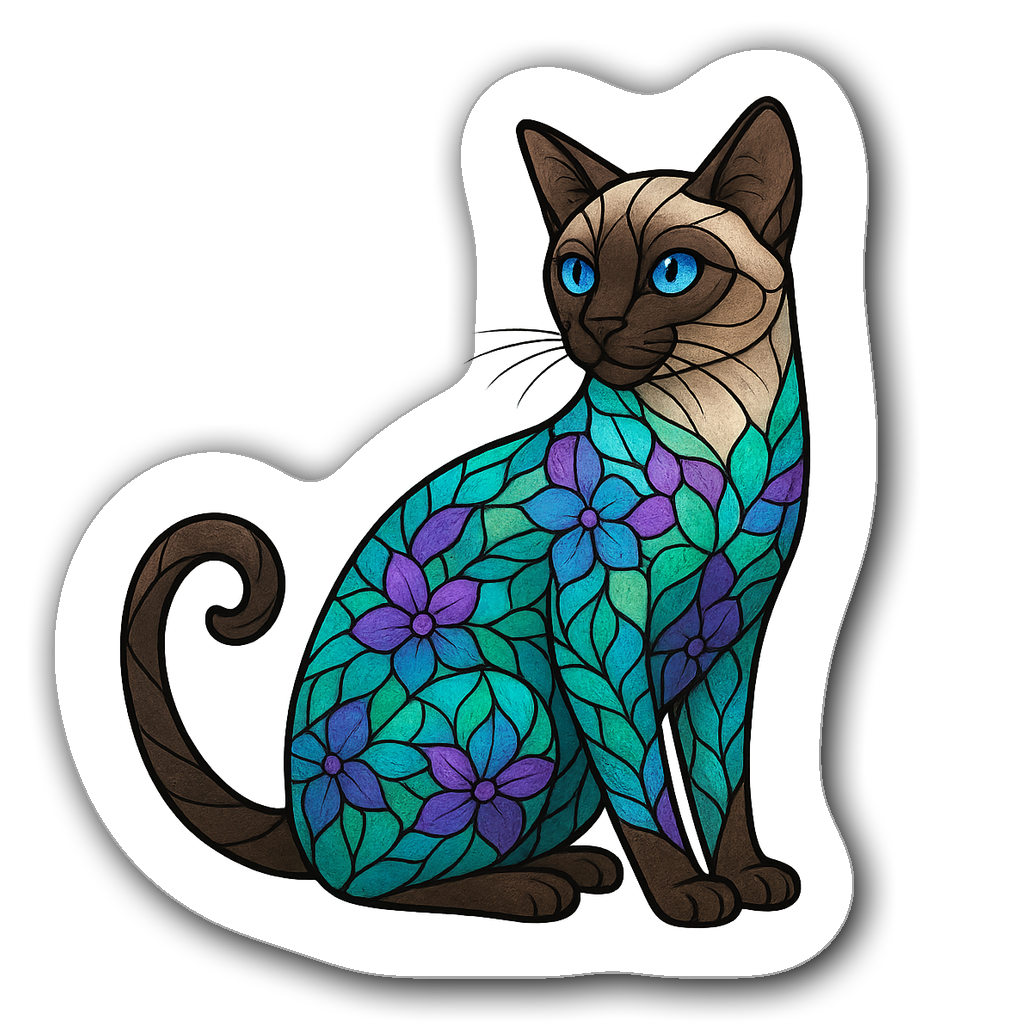 Siamese cat sticker with stained glass design and floral patterns