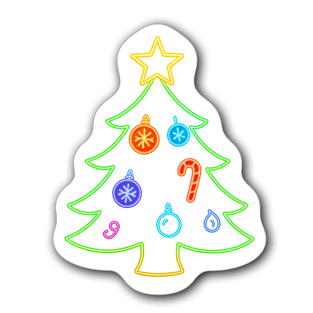 Vibrant neon outline sticker of a decorated Christmas tree