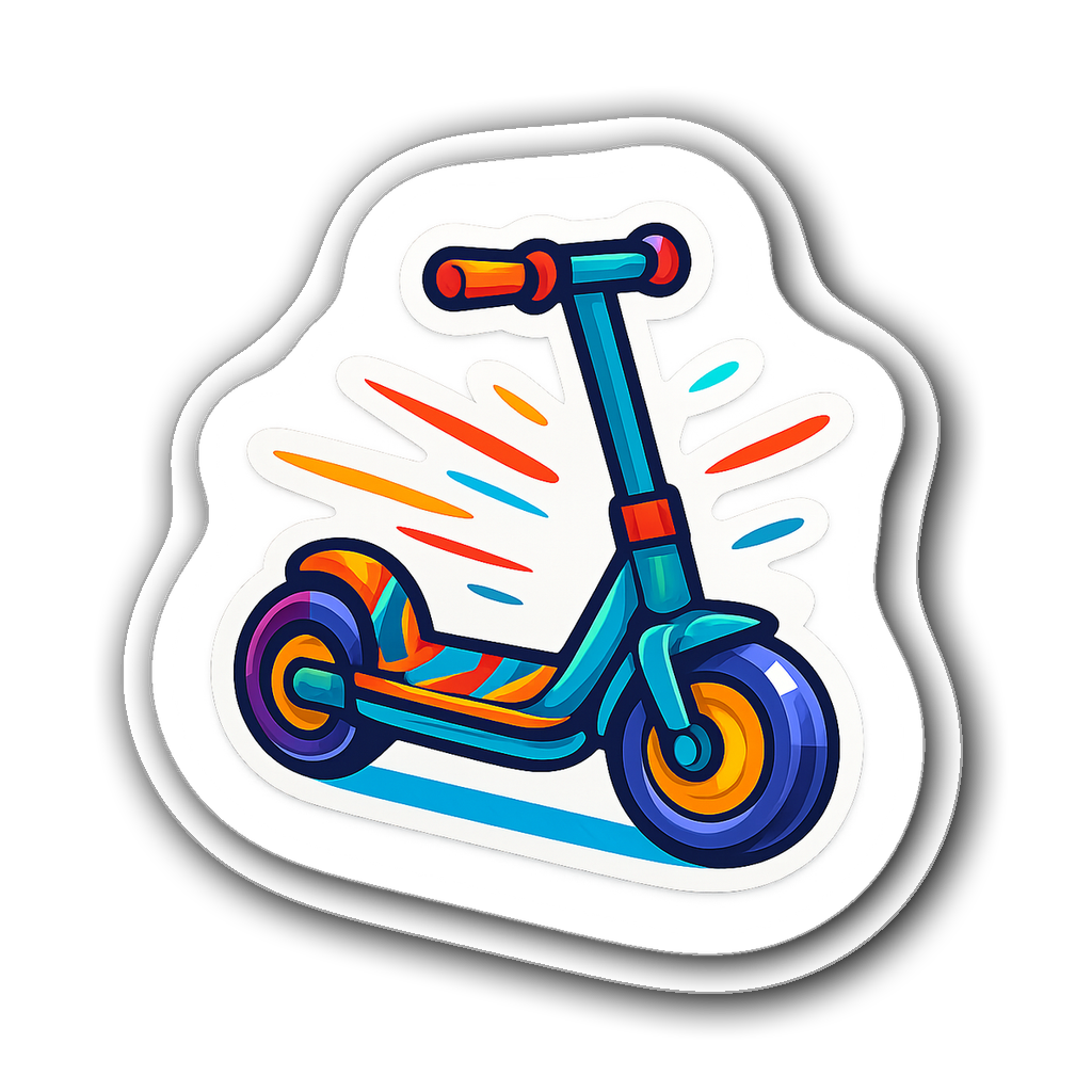 Vibrant cartoon-style electric scooter sticker with motion lines