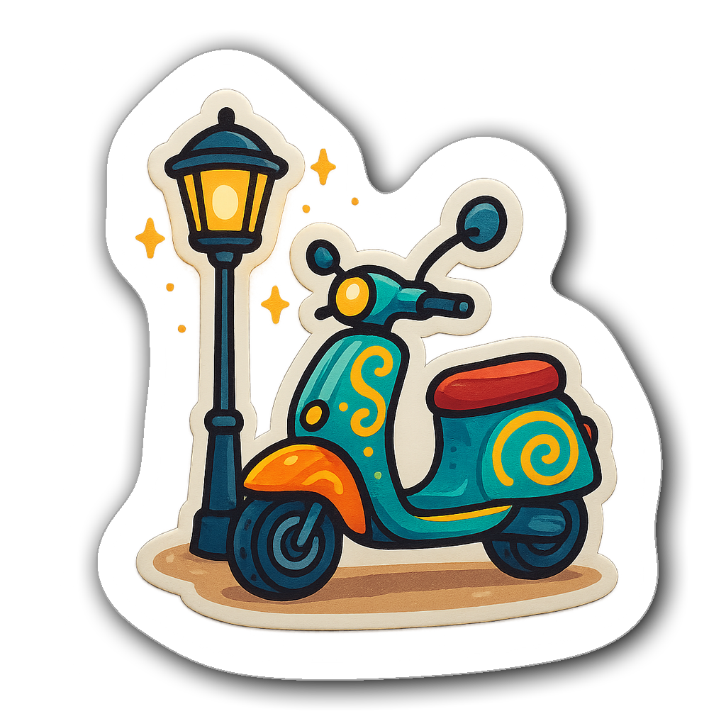 Whimsical electric scooter sticker under a cartoon streetlamp