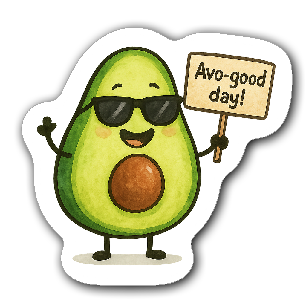 Cartoon avocado wearing sunglasses and holding a sign saying 'Avo-good day'