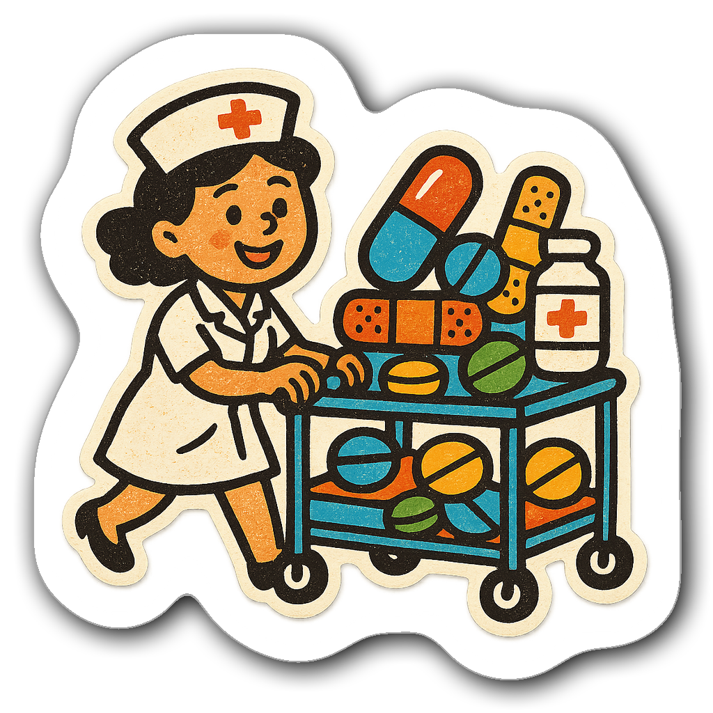 Cheerful nurse pushing a cart filled with medical supplies sticker