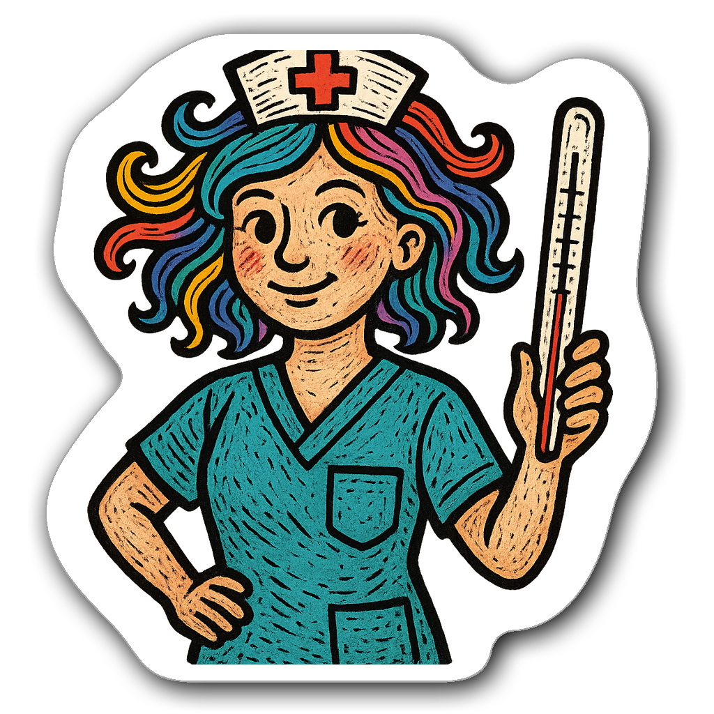 Whimsical nurse sticker with colorful hair and thermometer