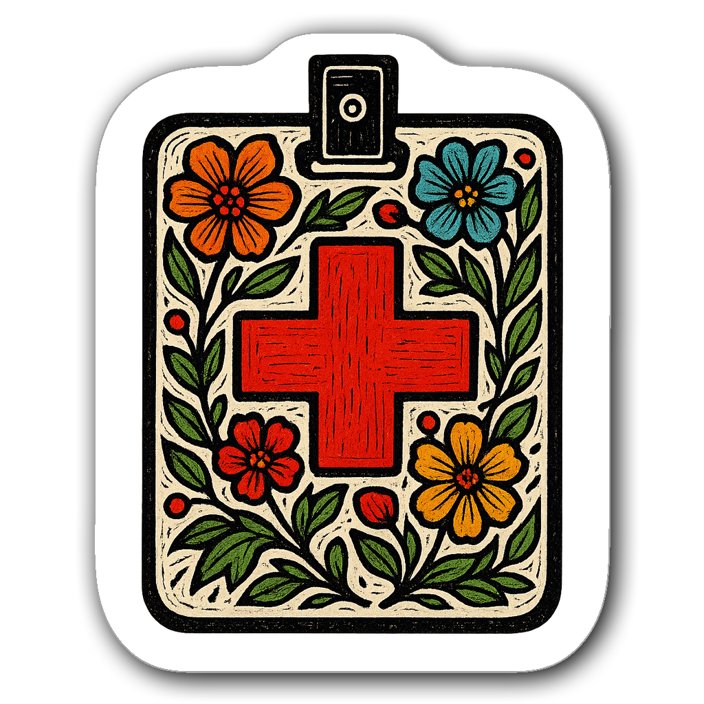 Nurse badge sticker with red cross and floral patterns in linocut style