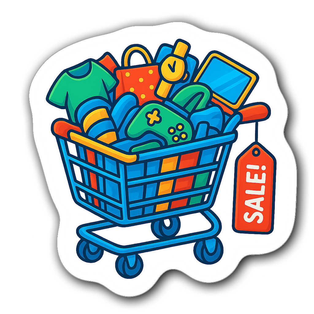 Cartoon-style shopping cart overflowing with colorful items and a Sale tag