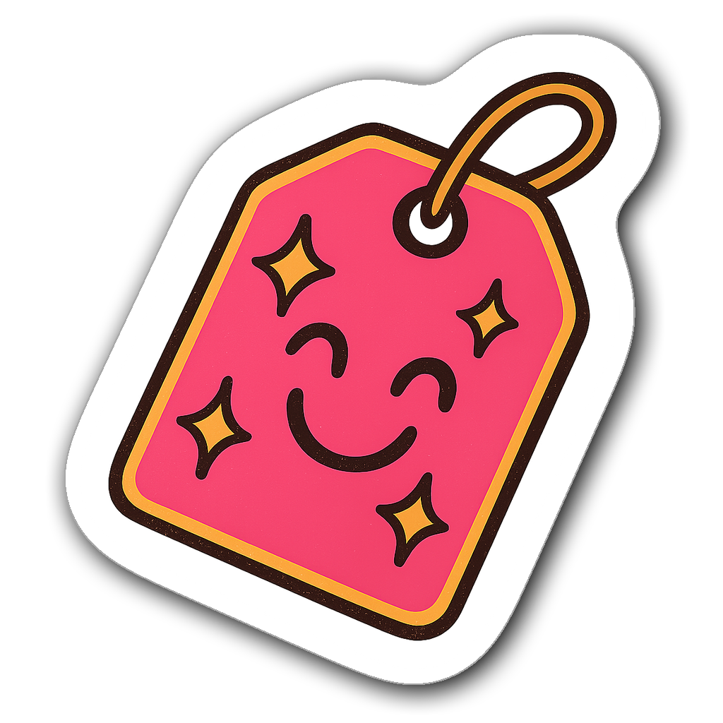 Playful price tag design in pink and orange with sparkles