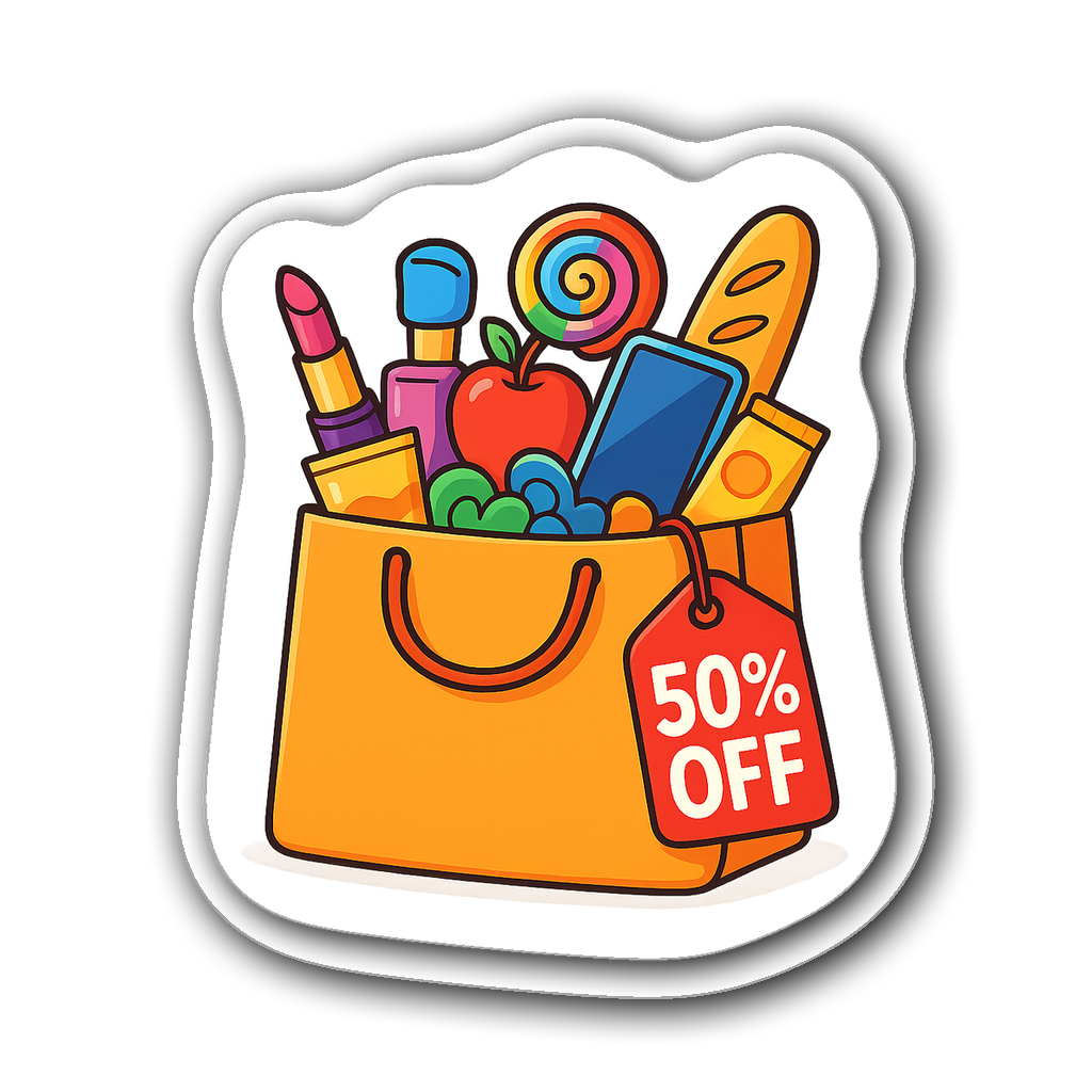 Whimsical shopping bag sticker with colorful products and 50% off tag