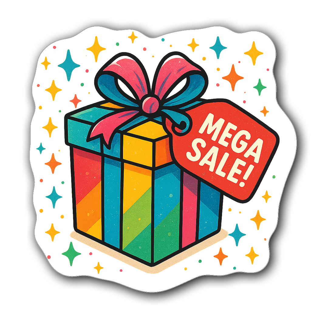 Multi-colored gift box with a big bow and sparkles