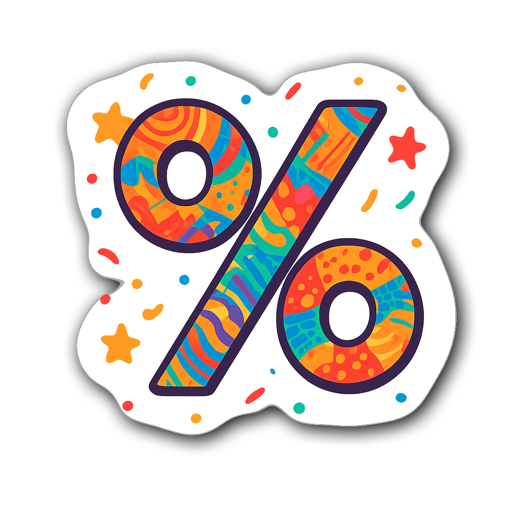 Vibrant percentage symbol sticker with colorful patterns and stars