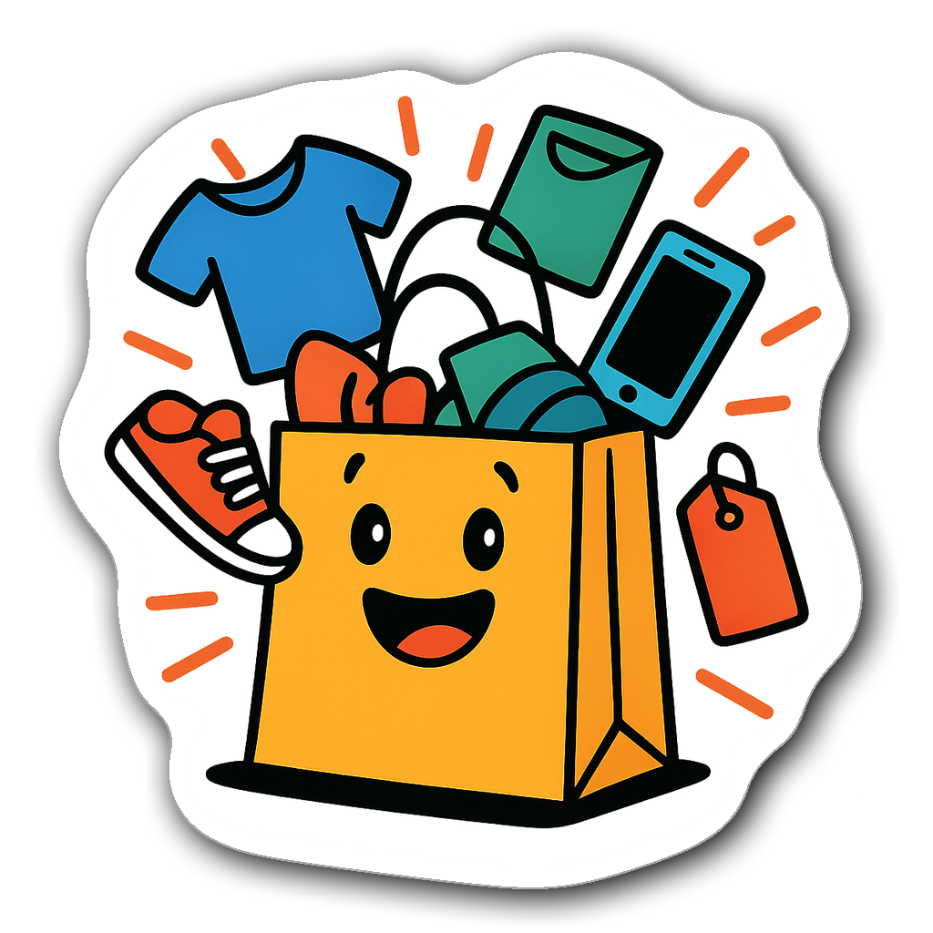 Cheerful shopping bag bursting with colorful items like clothes and gadgets.
