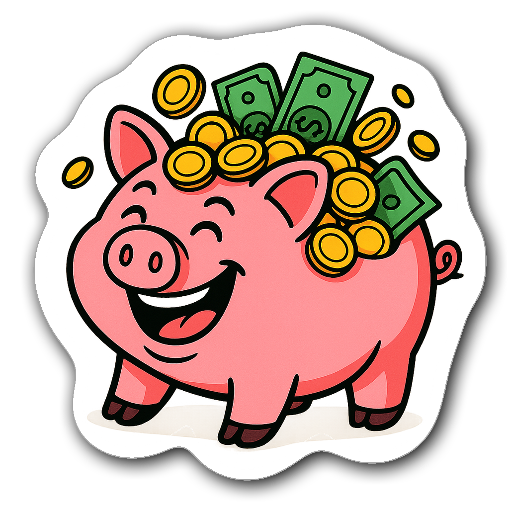 Playful piggy bank overflowing with coins in vibrant colors