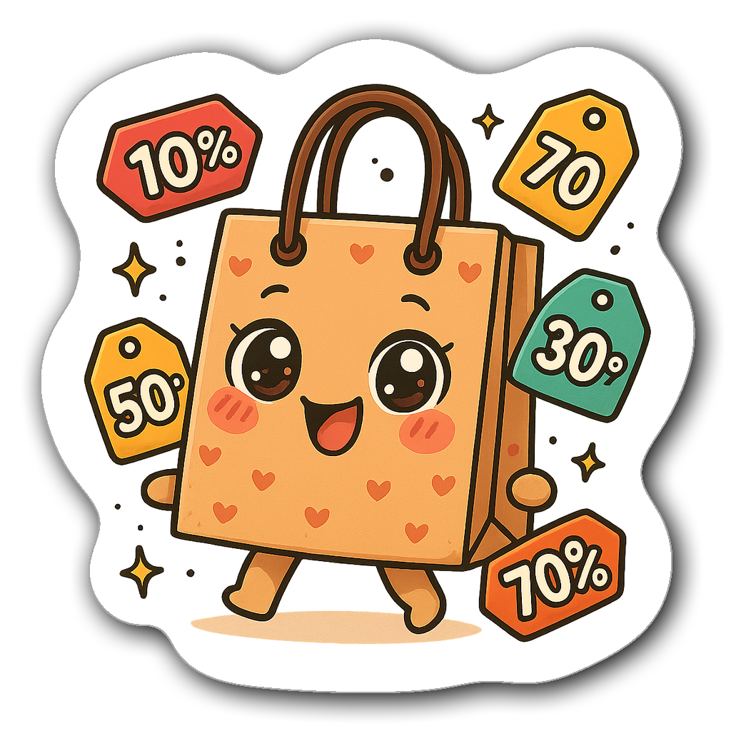 Kawaii chibi shopping bag with sale tags and rosy cheeks