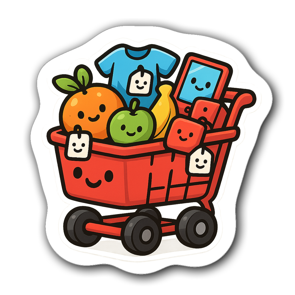 Kawaii chibi shopping cart filled with cute items