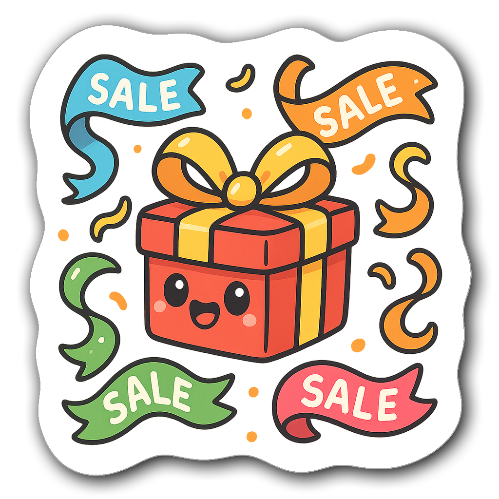 Kawaii chibi gift box with big eyes and smile surrounded by ribbons