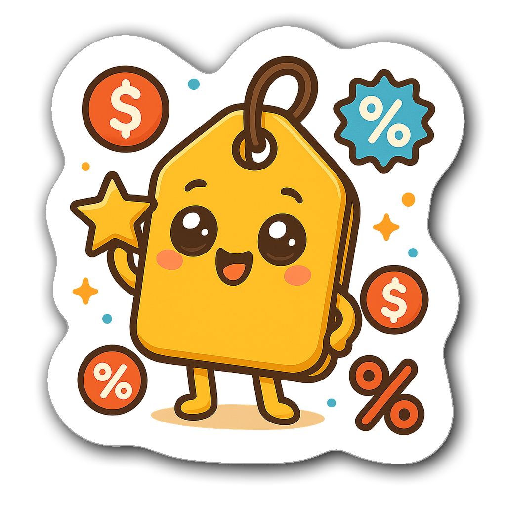Kawaii chibi price tag character with cute face and star