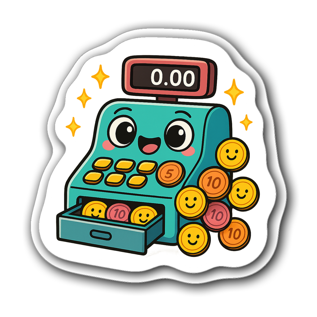 Kawaii chibi cash register with colorful coins and smile