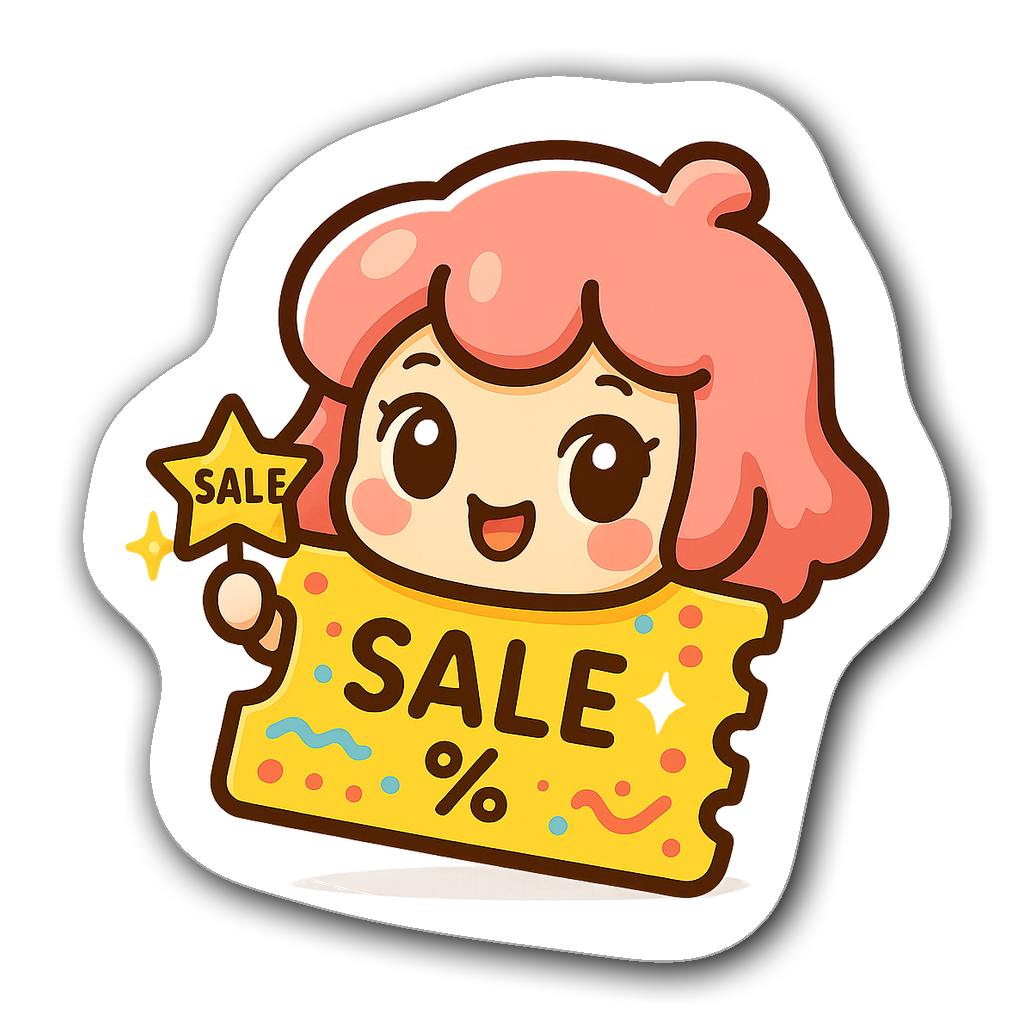 Kawaii chibi character styled as a voucher with bright colors