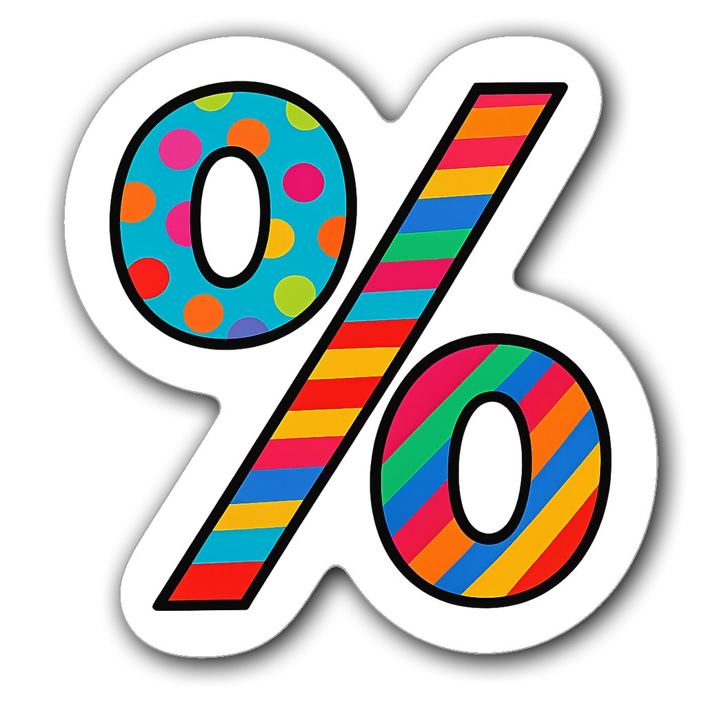 Vibrant die-cut percentage symbol sticker with bright patterns