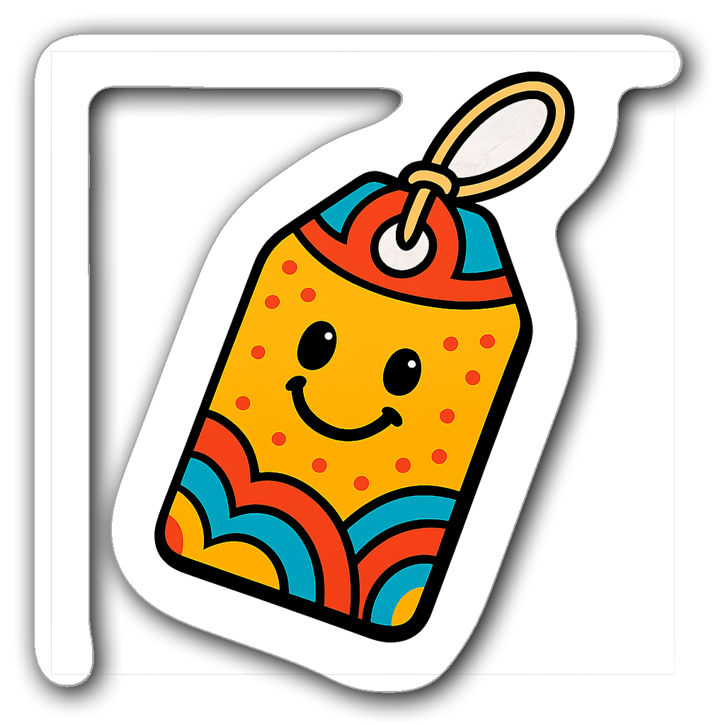 Cheerful price tag sticker with colorful patterns and outlines