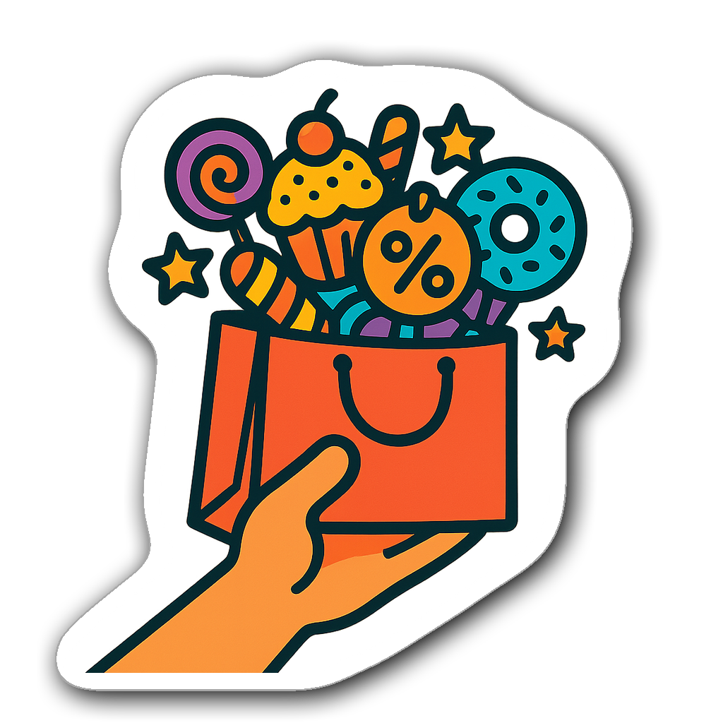 Die-cut sticker of a hand holding a colorful shopping bag
