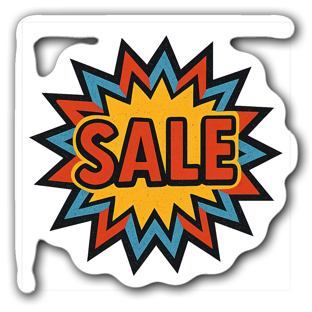Woodblock style sale banner sticker with starburst design