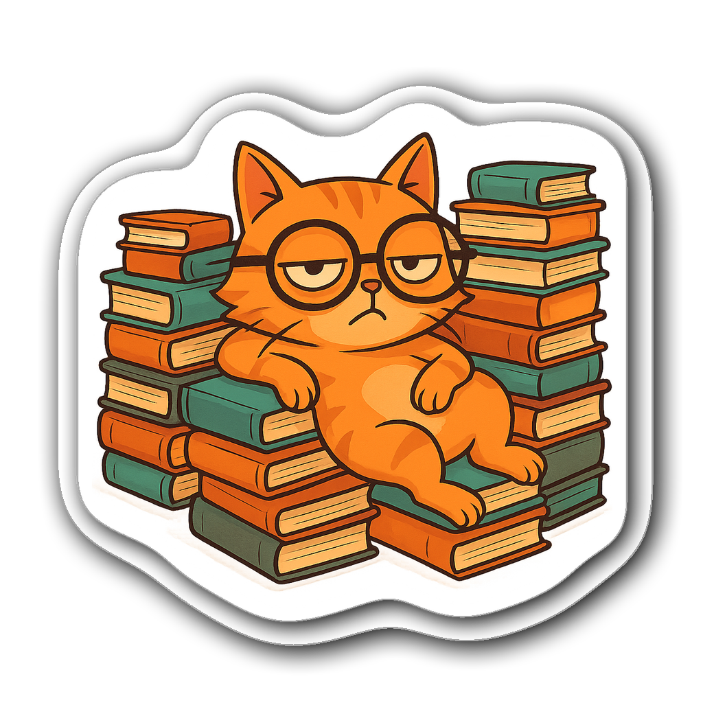 A cartoon cat lounging on books with glasses, funny design.