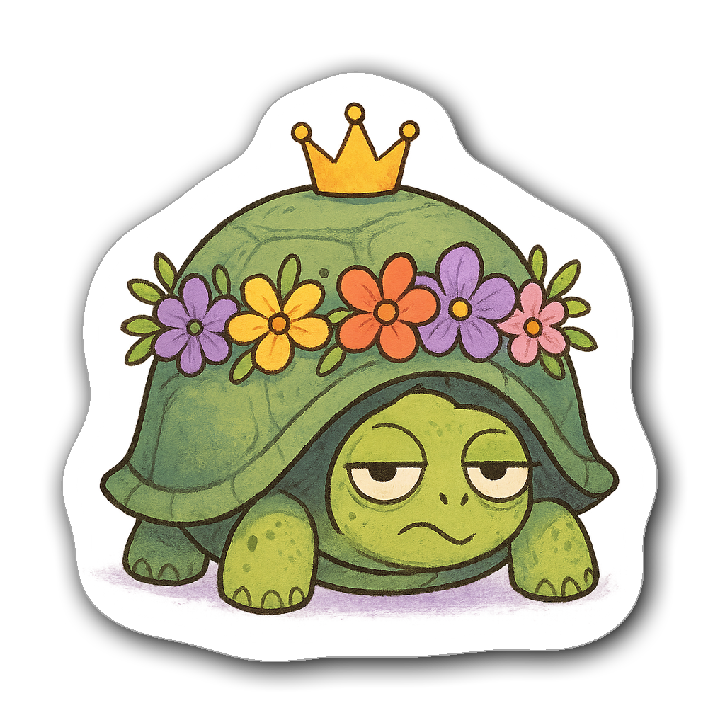 Sarcastic tortoise sticker with a crown and flowers