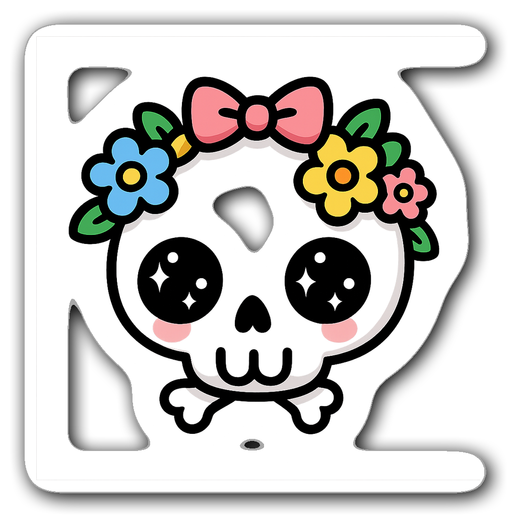 Cute chibi skull sticker with flowers and vibrant colors