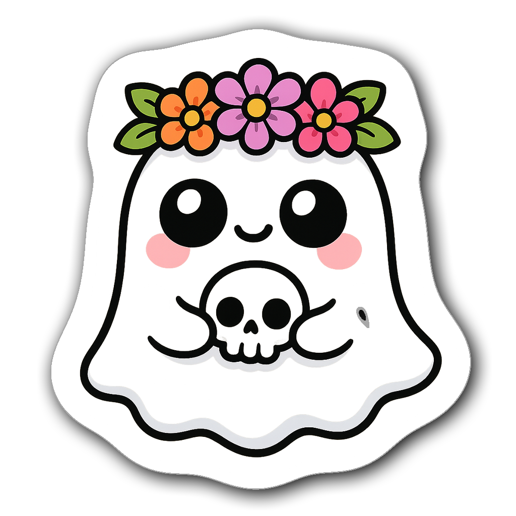 Kawaii chibi ghost with big eyes and pastel colors