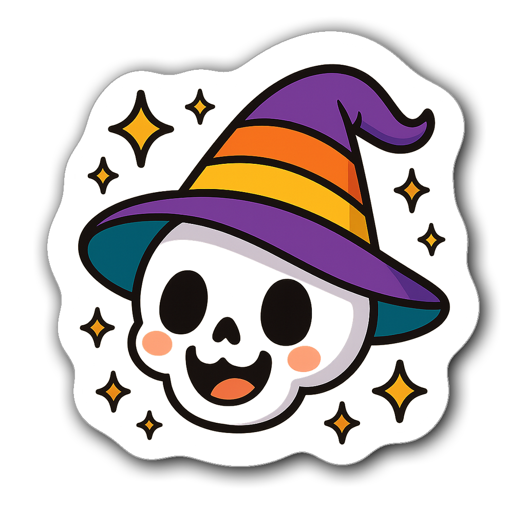 Cute chibi witch skull with big eyes and colorful hat