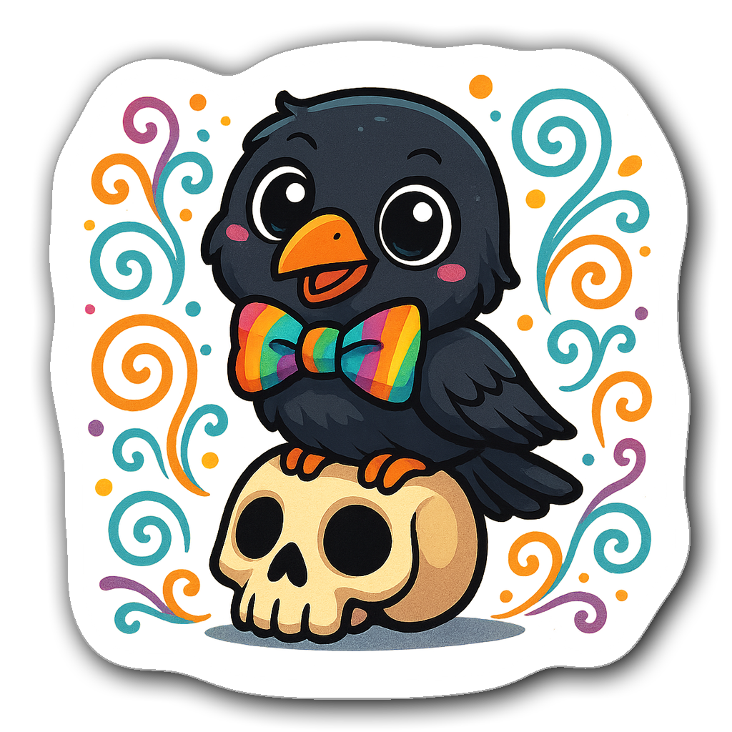Chibi raven perched on a stylized skull, colorful design