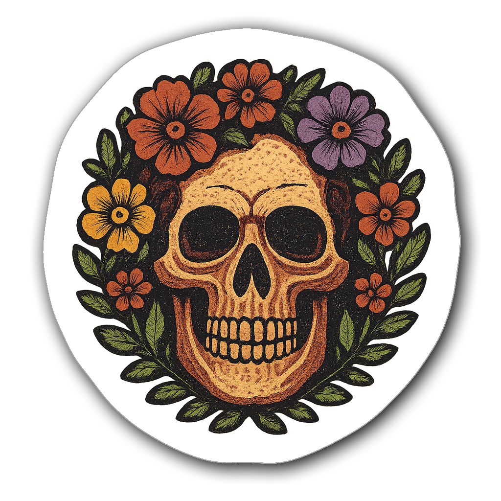 Intricately designed retro skull badge with colorful flowers