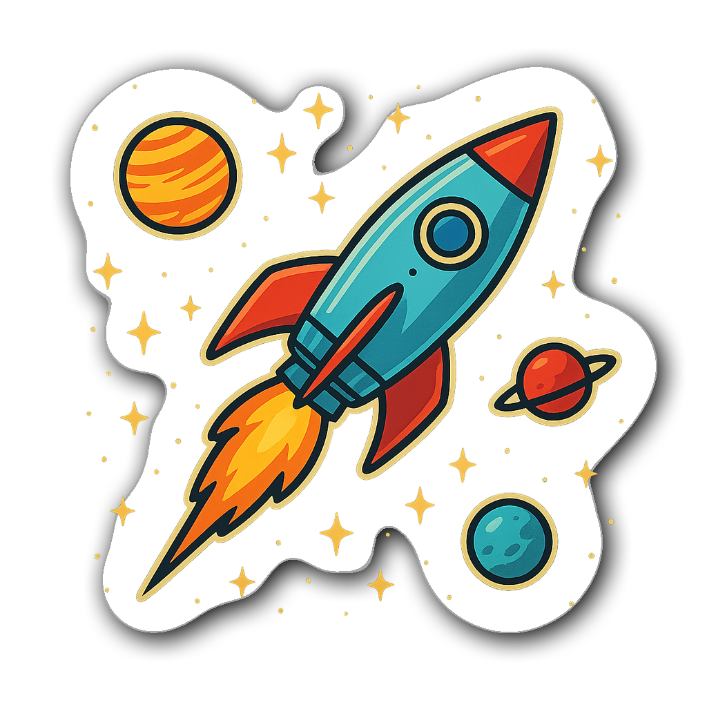 Retro rocket ship soaring through a starry night sky sticker