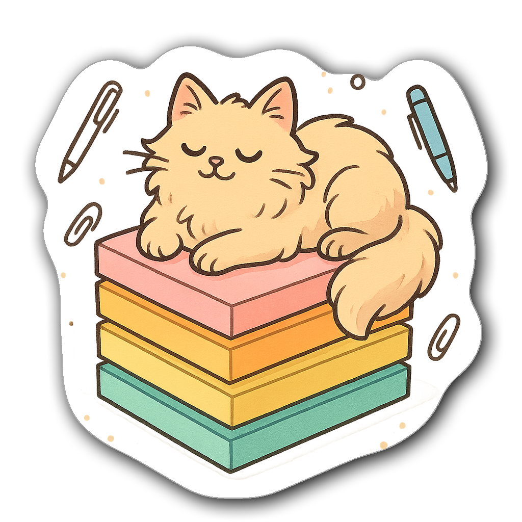 Watercolor illustration of a fluffy cat on colorful sticky notes
