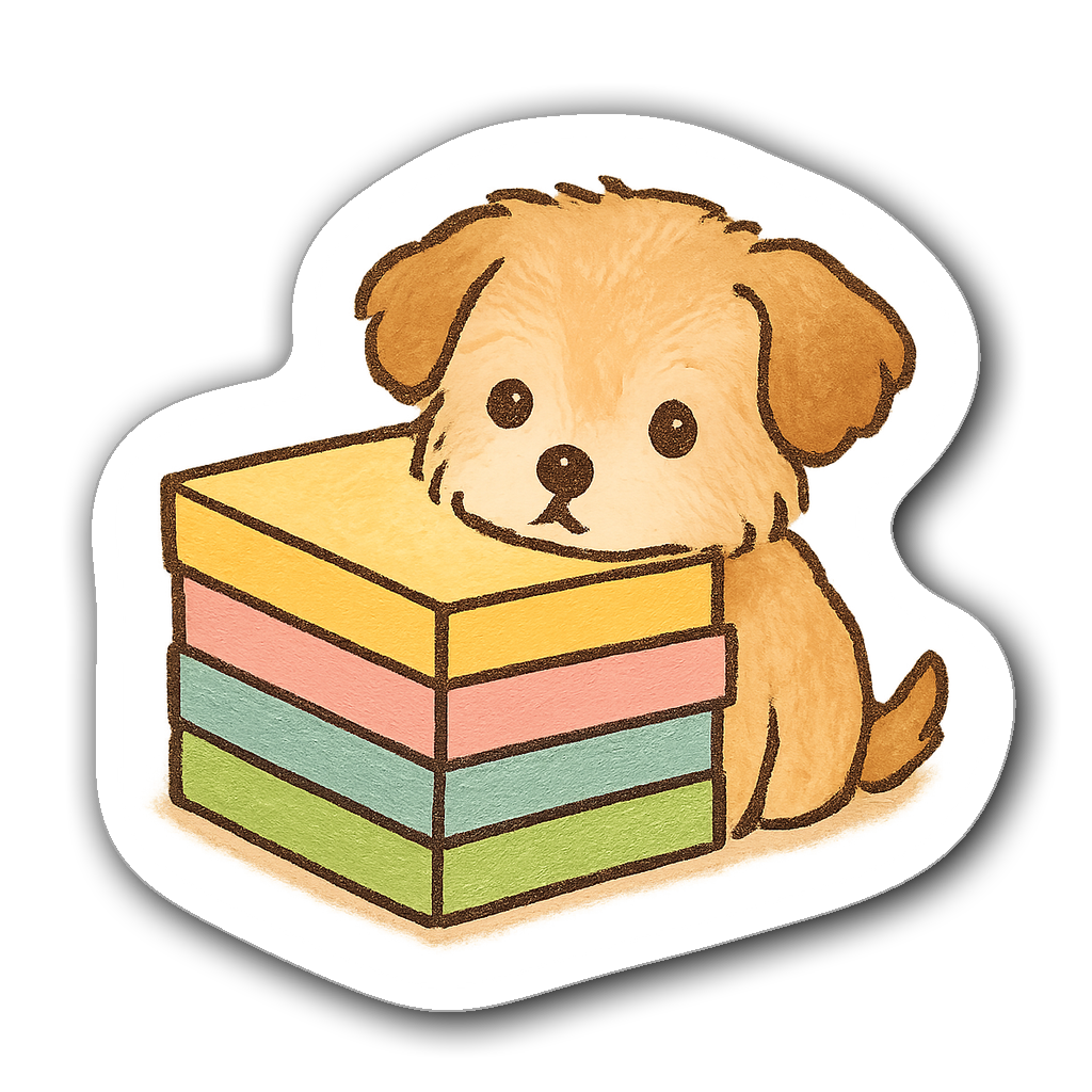 Cute dog illustration behind colorful sticky notes