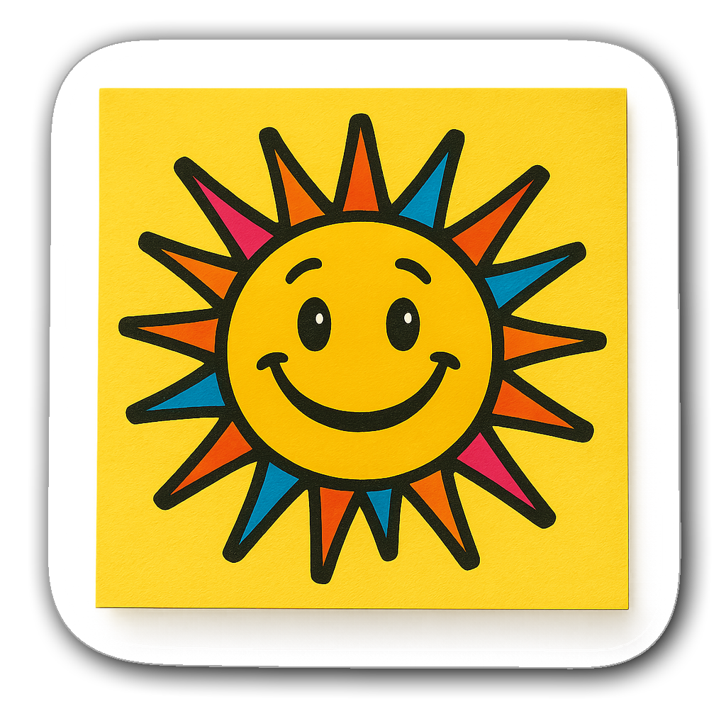 A vibrant sticky note with a cartoonish smiling sun character