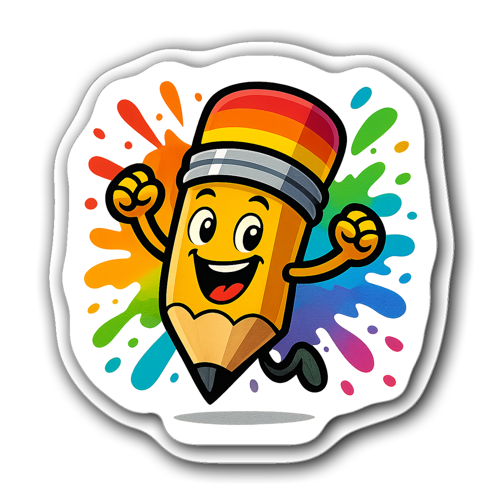 Animated pencil character sticker with vibrant colors and design