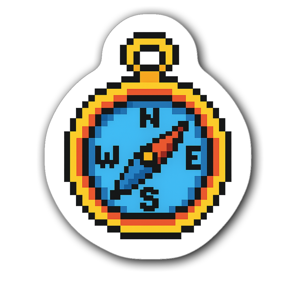 Vibrant pixel art compass sticker with thick outlines