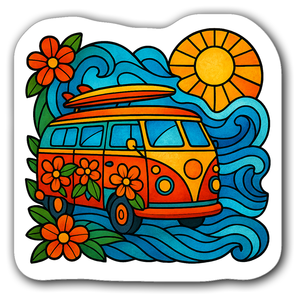 Stained glass sticker of a retro van with flowers and surfboards