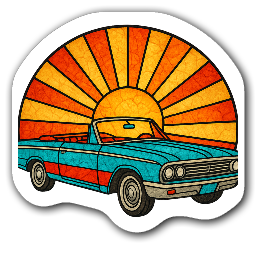 Stained glass sticker of a 1960s convertible car with sunburst
