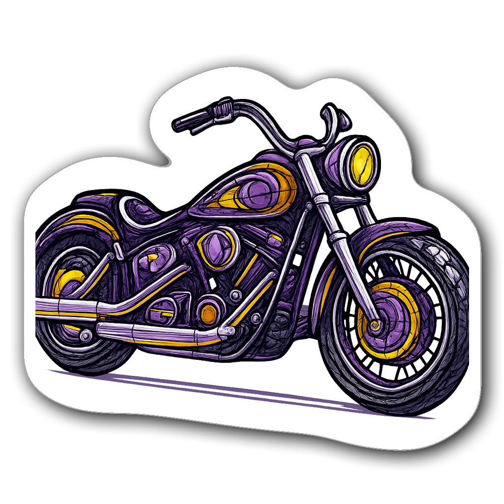 Intricate stained glass motorcycle silhouette in purple and yellow