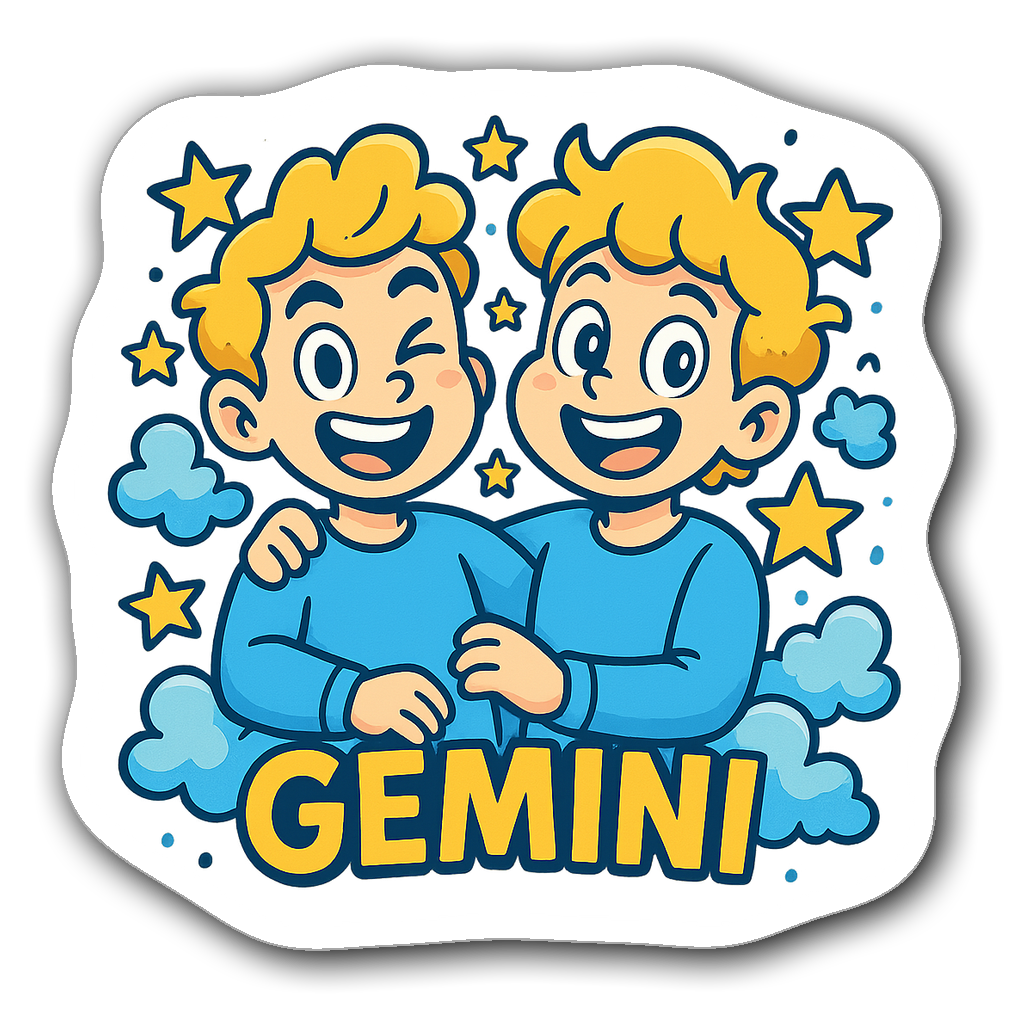 Comic book style Gemini sticker with twins and stars