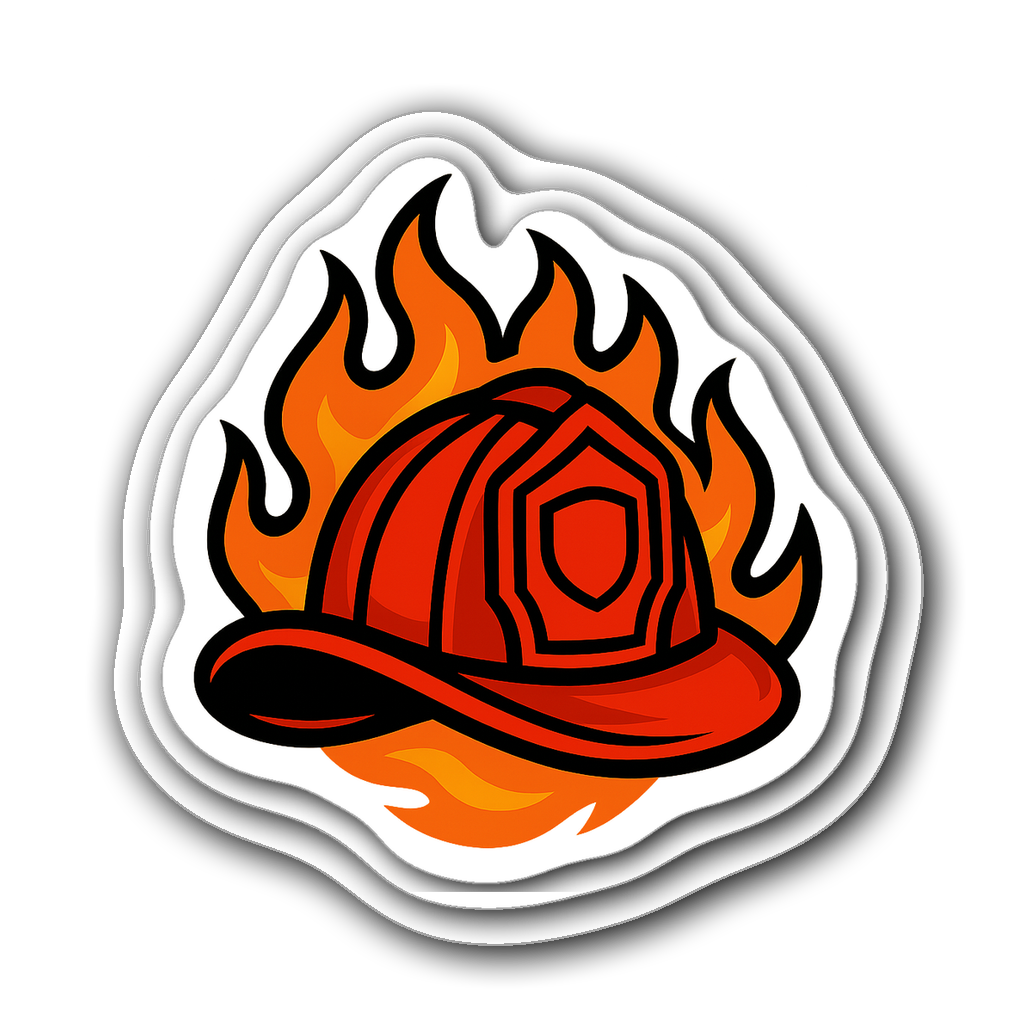 Bold illustration of a firefighter helmet with flames