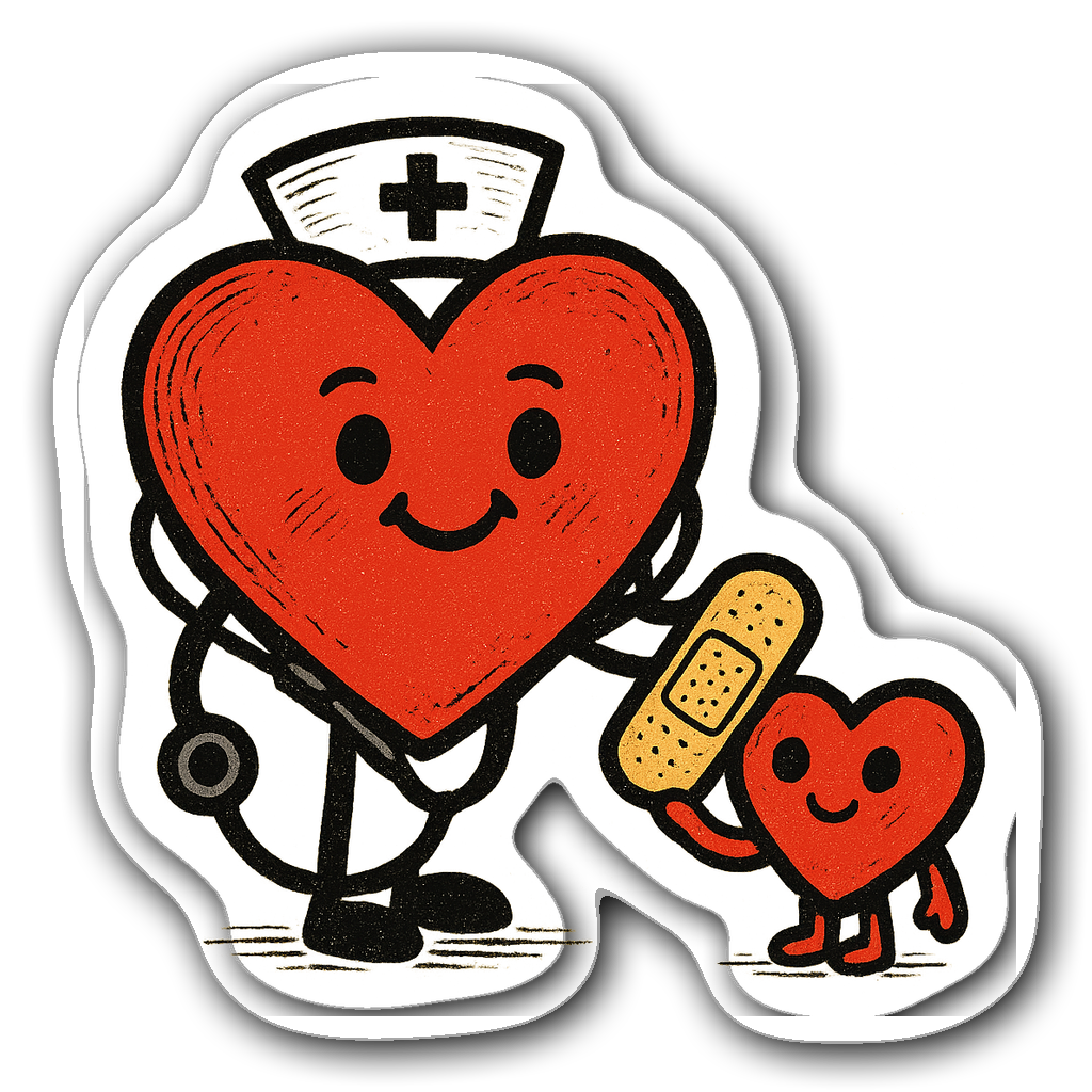 Cute heart character with stethoscope and nurse cap donating a band-aid
