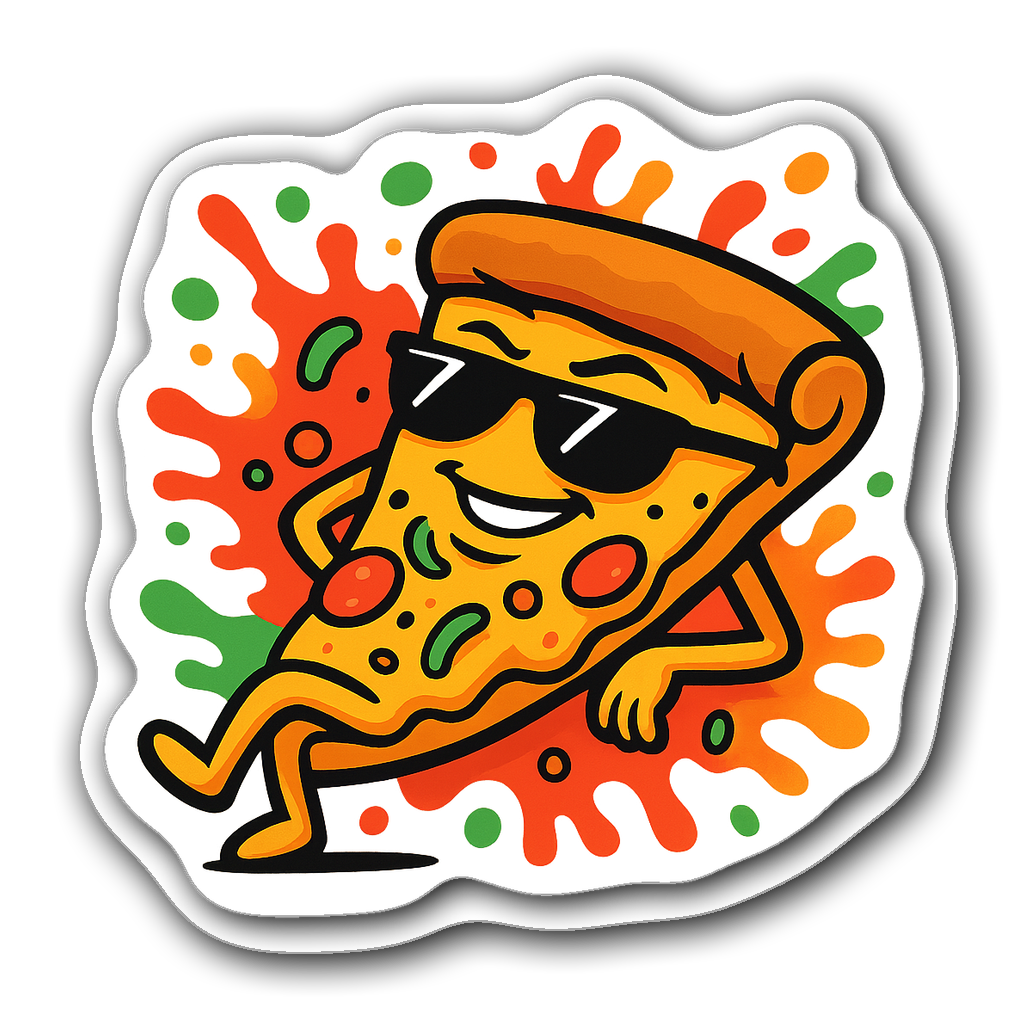 Graffiti style sticker of a sassy pizza slice with sunglasses