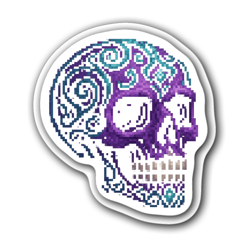 Pixel art skull sticker in gothic style with colors like purple and teal