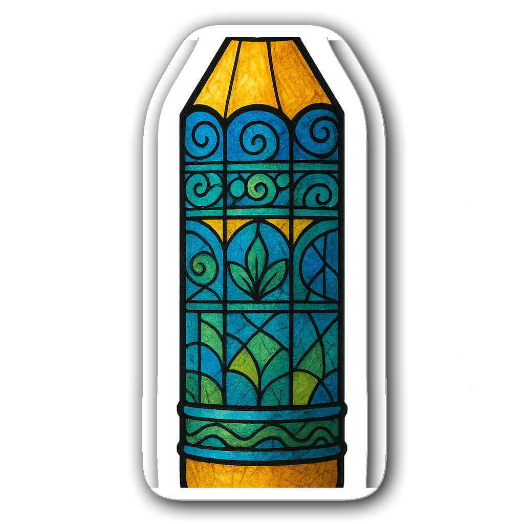 Whimsical stained glass pencil sticker in blue, yellow, and green.