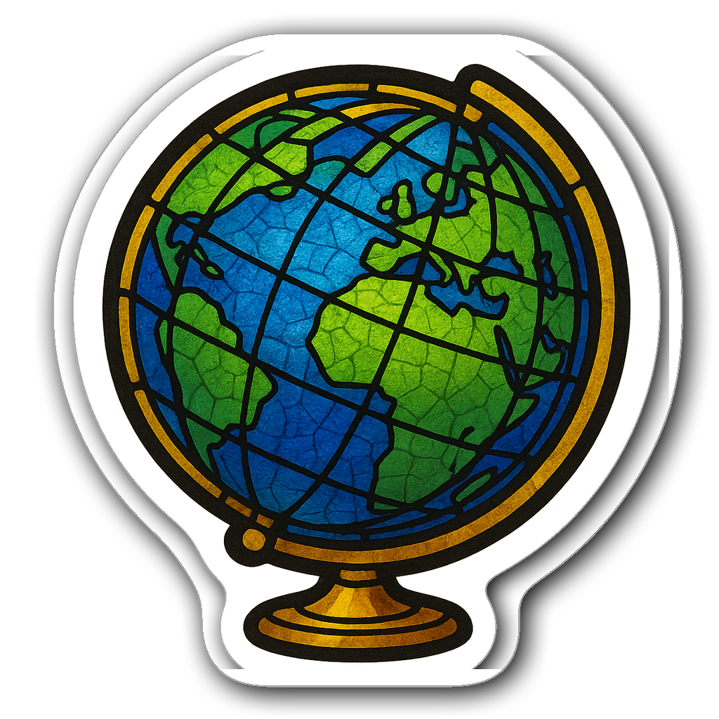 Stained glass globe design symbolizing education in vibrant colors