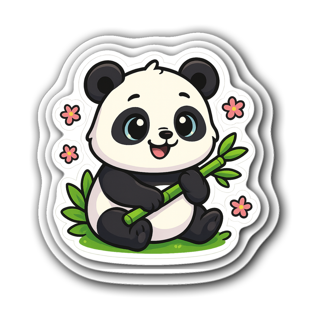 Kawaii chubby panda holding bamboo surrounded by flowers